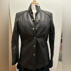 Dana Buchman black leather jacket with gold snaps and wrist zipper so 10/MEDIUM